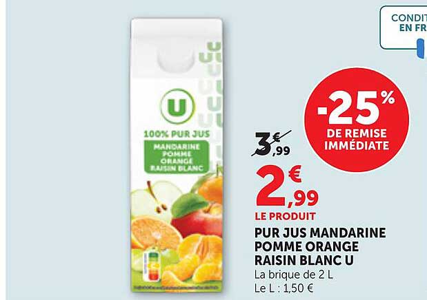 PUR JUS MANDARINE POMME ORANGE RAISIN BLANC U