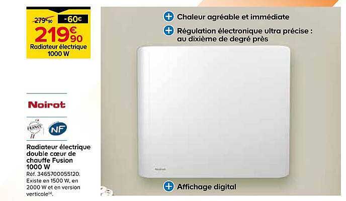 Radiateur électrique double coeur de chauffe Fusion 1000 W
