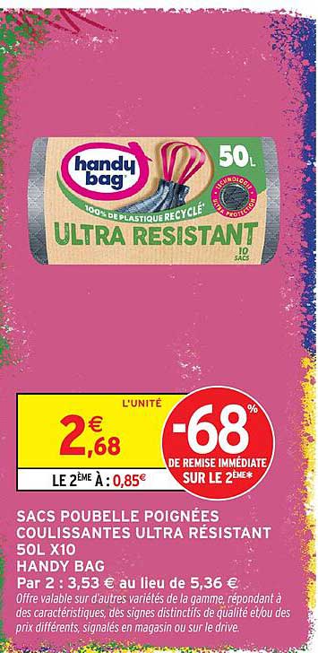 SACS POUBELLE POIGNÉES COULISSANTES ULTRA RÉSISTANT 50L X10 HANDY BAG