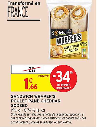 SANDWICH WRAPER'S POULET PANÉ CHEDDAR SODEBO