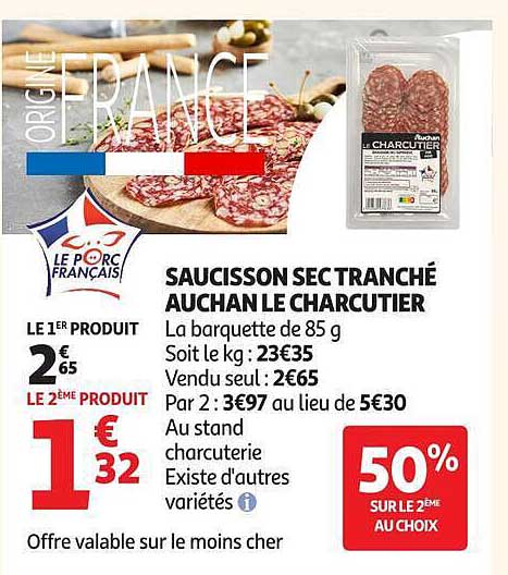 SAUCISSON SEC TRANCHÉ AUCHAN LE CHARCUTIER