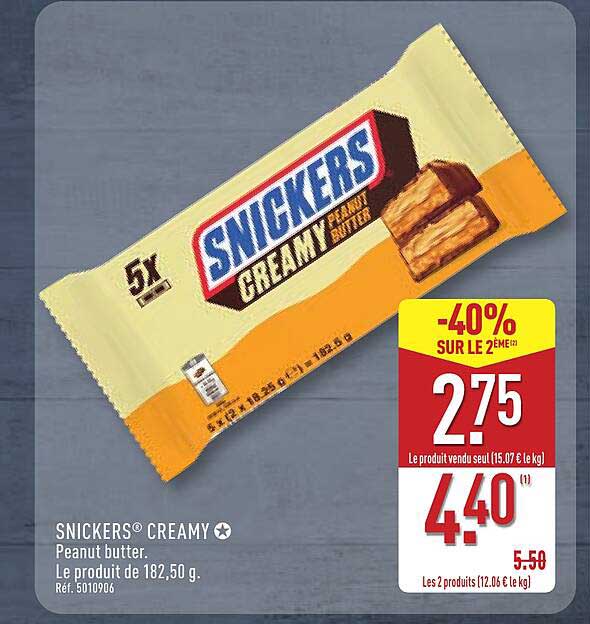 SNICKERS® CREAMY Peanut butter. Le produit de 182,50 g. Réf. 5010906