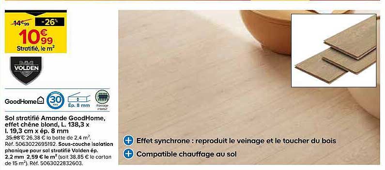 Sol stratifié Amande GoodHome, effet chêne blond, L. 138,3 x l. 19,3 cm x ép. 8 mm