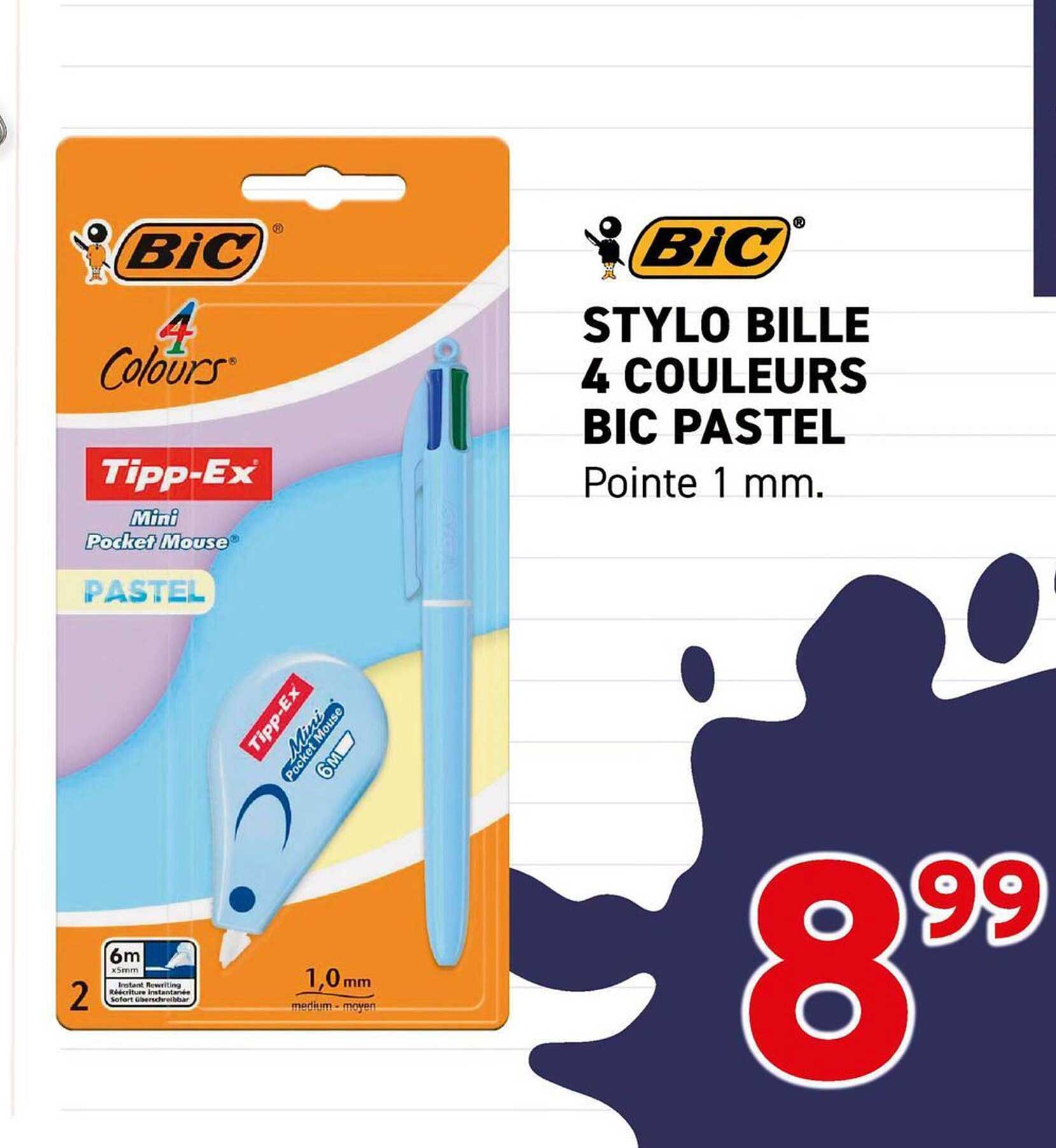STYLO BILLE 4 COULEURS BIC PASTEL Pointe 1 mm.