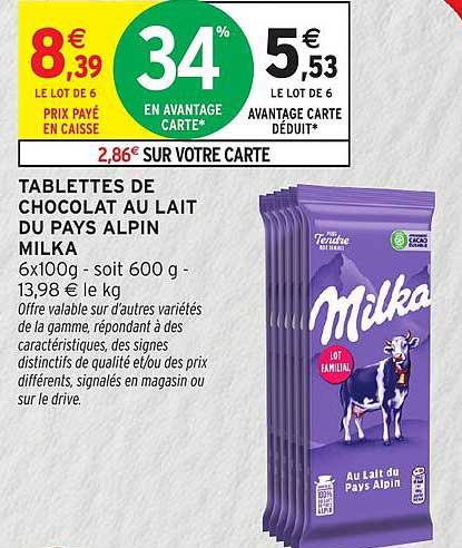 TABLETTES DE CHOCOLAT AU LAIT DU PAYS ALPIN MILKA