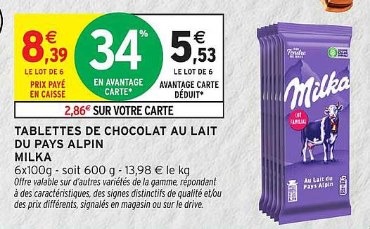 TABLETTES DE CHOCOLAT AU LAIT DU PAYS ALPIN MILKA
