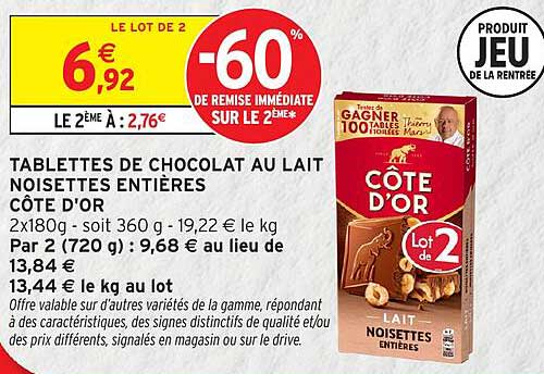 TABLETTES DE CHOCOLAT AU LAIT NOISETTES ENTIÈRES CÔTE D'OR
