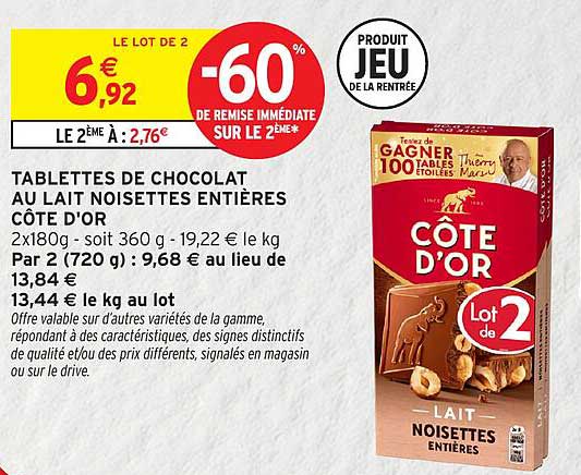 TABLETTES DE CHOCOLAT AU LAIT NOISETTES ENTIÈRES CÔTE D'OR
