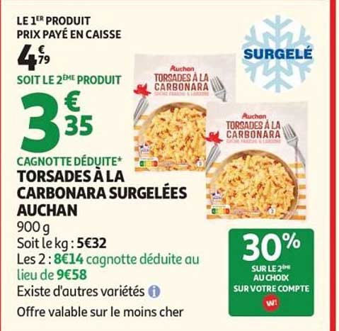 TORSADES À LA CARBONARA SURGELÉES AUCHAN
