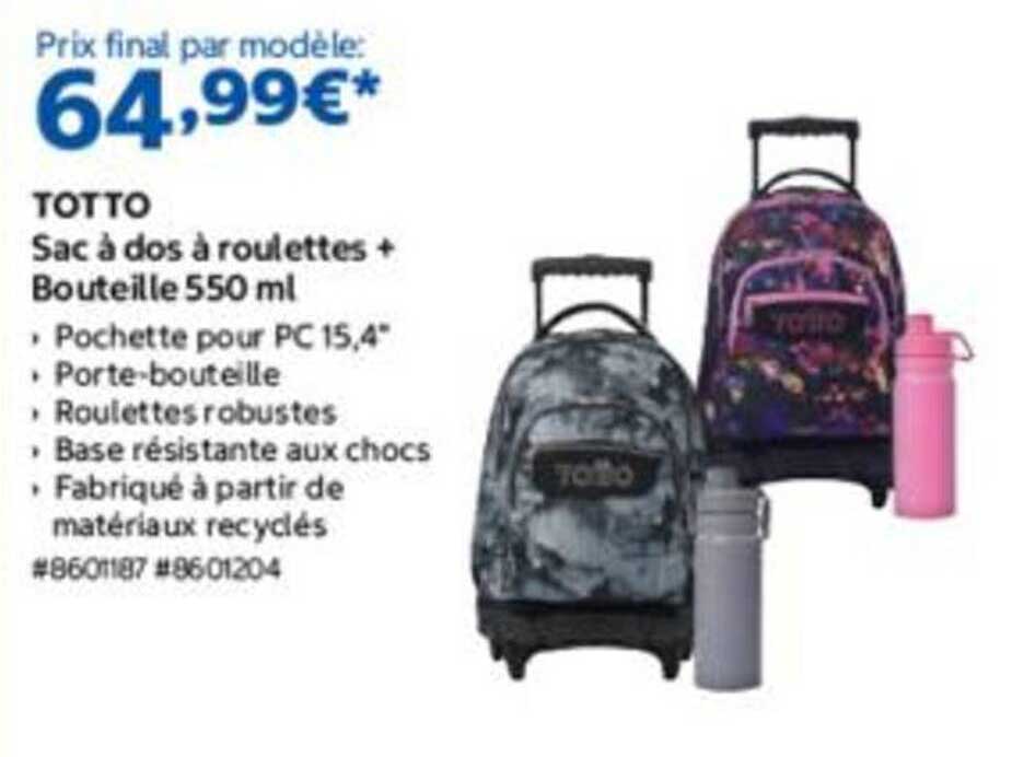 TOTTO Sac à dos à roulettes + Bouteille 550 ml