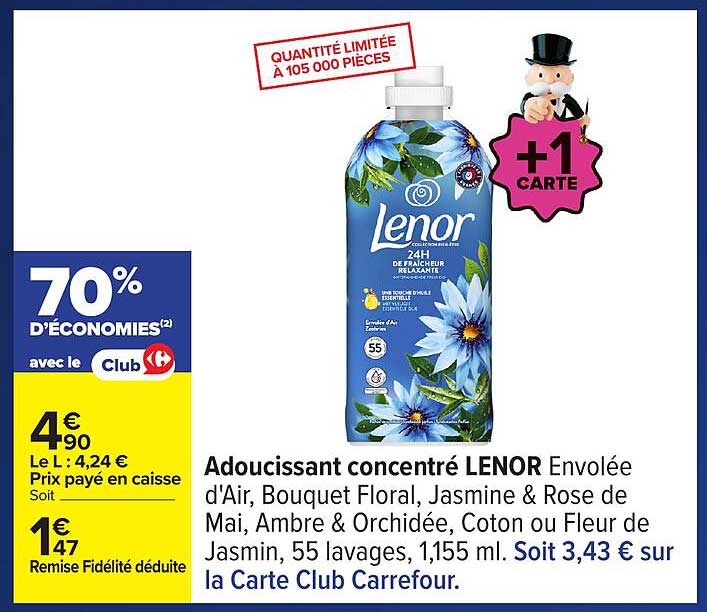 Adoucissant concentré LENOR Envolée d'Air, Bouquet Floral, Jasmine & Rose de Mai, Ambre & Orchidée, Coton ou Fleur de Jasmin, 55 lavages, 1,155 ml.