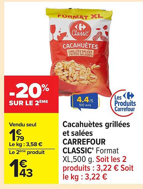 Cacahuètes grillées et salées CARREFOUR CLASSIC' Format XL, 500 g
