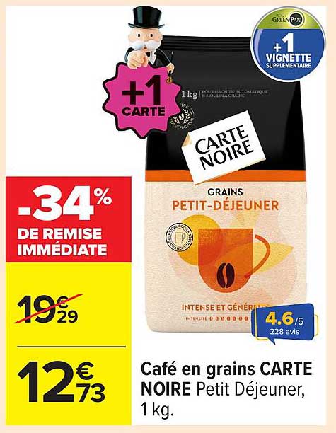 Café en grains CARTE NOIRE Petit Déjeuner, 1 kg.