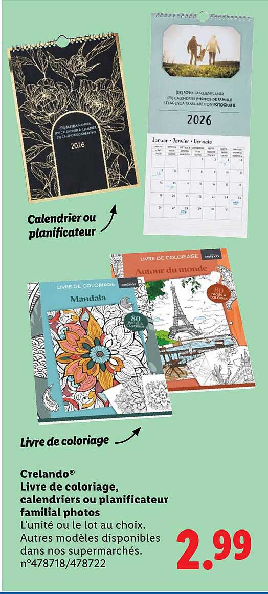 Crelando® Livre de coloriage, calendriers ou planificateur familial photos