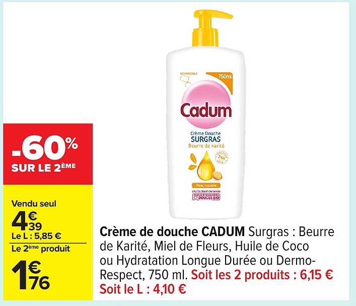 Crème de douche CADUM Surgras : Beurre de Karité, Miel de Fleurs, Huile de Coco ou Hydratation Longue Durée ou Dermo-Respect, 750 ml