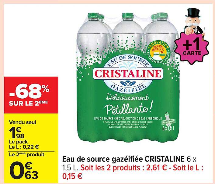 Eau de source gazeifiée CRISTALINE 6 x 1,5 L.