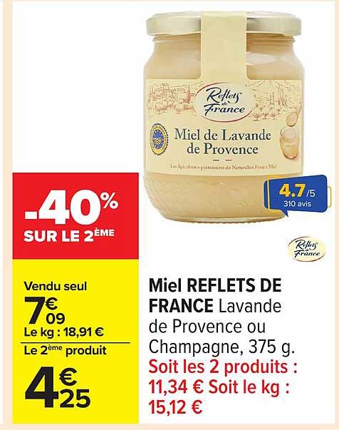 Miel REFLETS DE FRANCE Lavande de Provence ou Champagne, 375 g