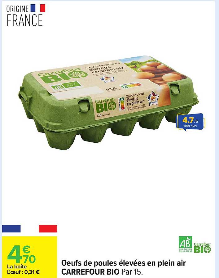 Oeufs de poules élevées en plein air CARREFOUR BIO Par 15