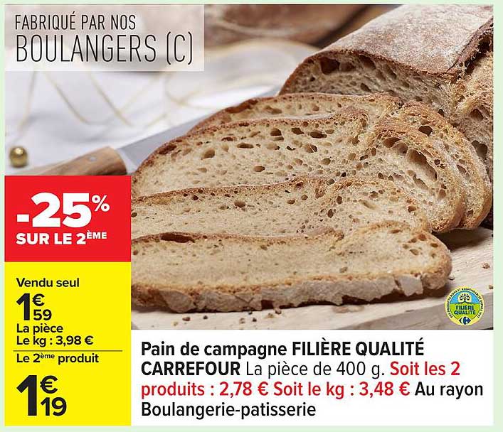 Pain de campagne FILIÈRE QUALITÉ CARREFOUR La pièce de 400 g.