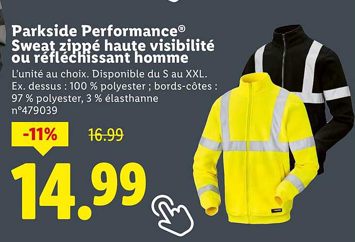 Parkside Performance® Sweat zippé haute visibilité ou réfléchissant homme