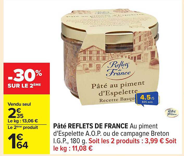 Pâté REFLETS DE FRANCE Au piment d'Espelette A.O.P ou de campagne Breton I.G.P., 180 g.