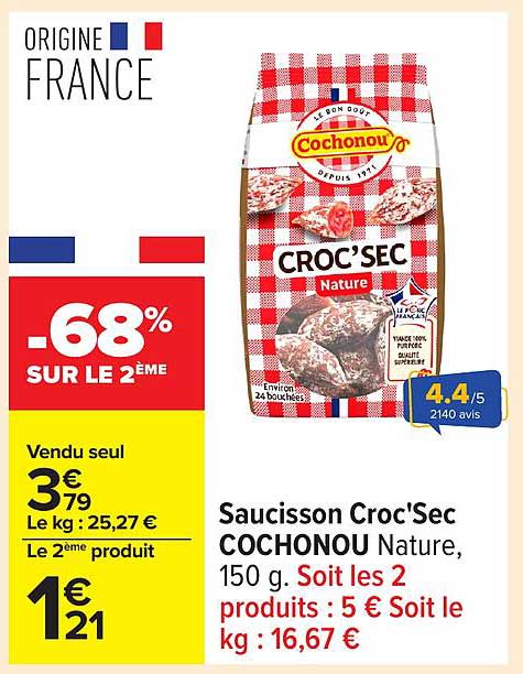 Saucisson Croc'Sec COCHONOU Nature, 150 g