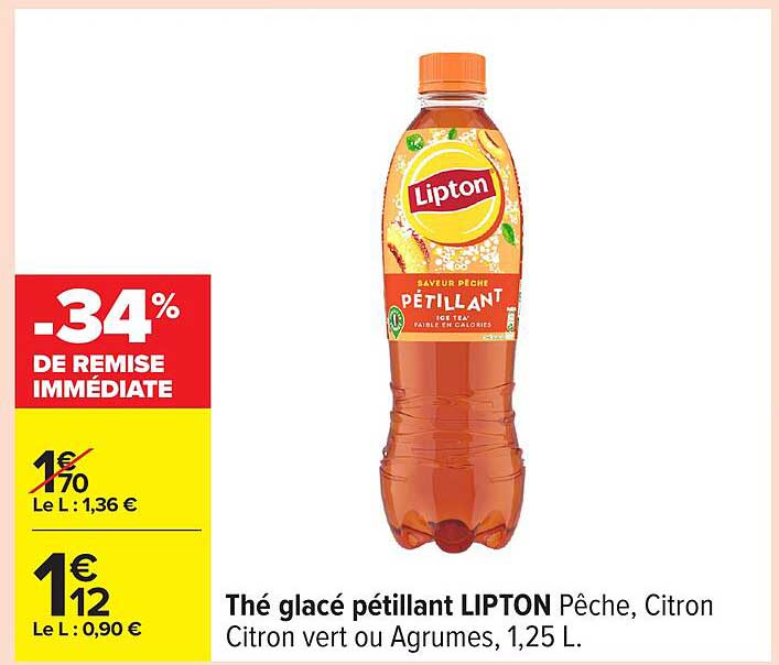Thé glacé pétillant LIPTON Pêche, Citron Citron vert ou Agrumes, 1,25 L