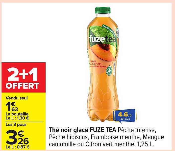 Thé noir glacé FUZE TEA Pêche intense, Pêche hibiscus, Framboise menthe, Mangue camomille ou Citron vert menthe, 1,25 L