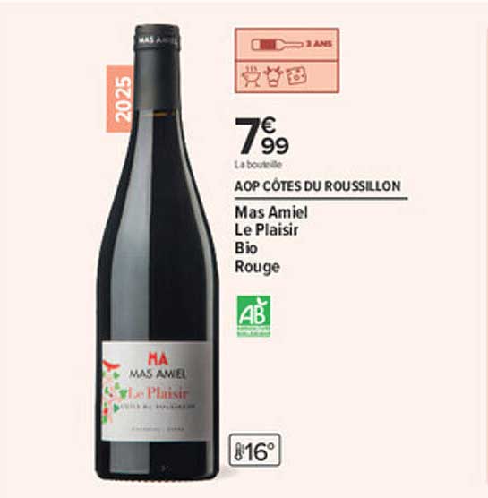 AOP CÔTES DU ROUSSILLON Mas Amiel Le Plaisir Bio Rouge