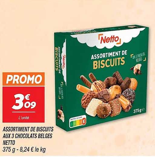 ASSORTIMENT DE BISCUITS AUX 3 CHOCOLATS BELGES NETTO 375 g - 8,24 € le kg