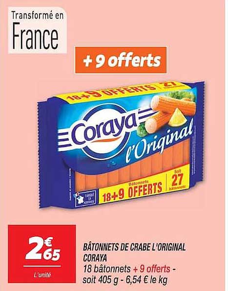 BÂTONNETS DE CRABE L'ORIGINAL CORAYA 18 bâtonnets + 9 offerts - soit 405 g - 6,54 € le kg