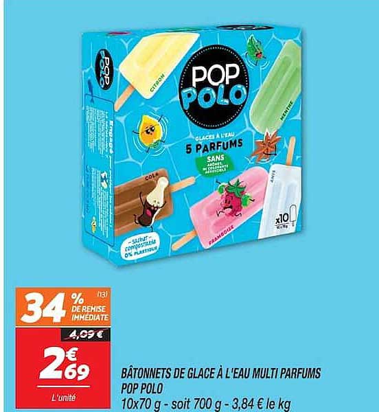 BÂTONNETS DE GLACE À L'EAU MULTI PARFUMS POP POLO 10x70 g - soit 700 g - 3,84 € le kg