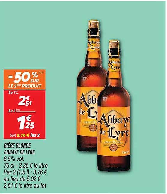 BIÈRE BLONDE ABBAYE DE LYRE 6.5% vol. 75 cl - 3,35 € le litre