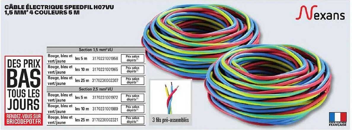 CÂBLE ÉLECTRIQUE SPEEDFIL H07VU 1,5 MM² 4 COULEURS 5 M
