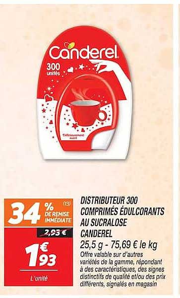 Canderel 300 comprimés édulcorants au sucralose Canderel, 25,5 g - 75,69 € le kg