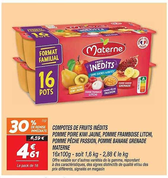 COMPOTES DE FRUITS INÉDITS POMME POIRE KIWI JAUNE, POMME FRAMBOISE LITCHI, POMME PÊCHE PASSION, POMME BANANE GRENADE MATERNE 16x100g