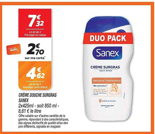 CRÈME DOUCHE SURGRAS SANEX 2x425ml - soit 850 ml - 8,61 € le litre