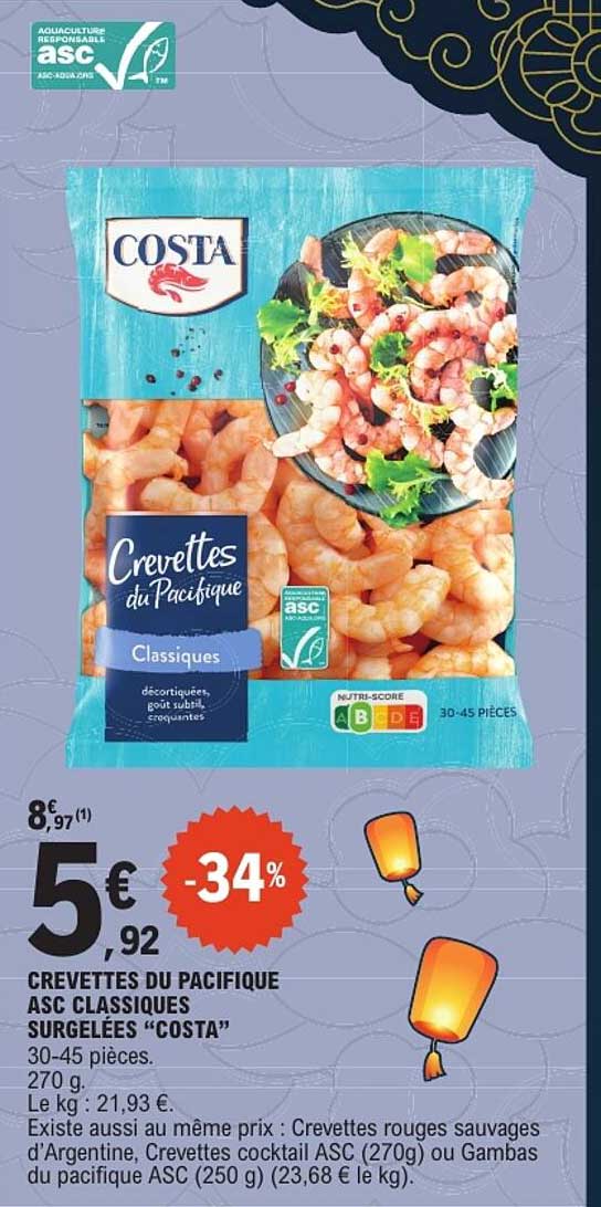 CREVETTES DU PACIFIQUE ASC CLASSIQUES SURGELÉES “COSTA”