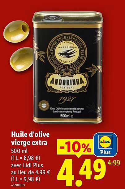 Huile d'olive vierge extra 500 ml (1 L = 8,98 €) avec Lidl Plus au lieu de 4,99 € (1 L = 9,98 €)