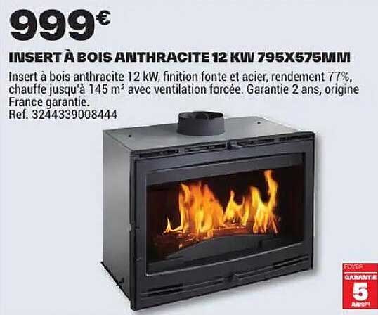 INSERT À BOIS ANTHRACITE 12 KW 795X575MM