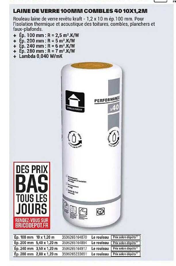 LAINE DE VERRE 100MM COMBLES 40 10X1,2M