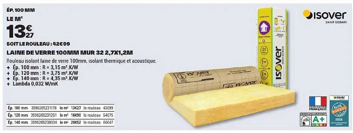 LAINE DE VERRE 100MM MUR 32 2,7X1,2M