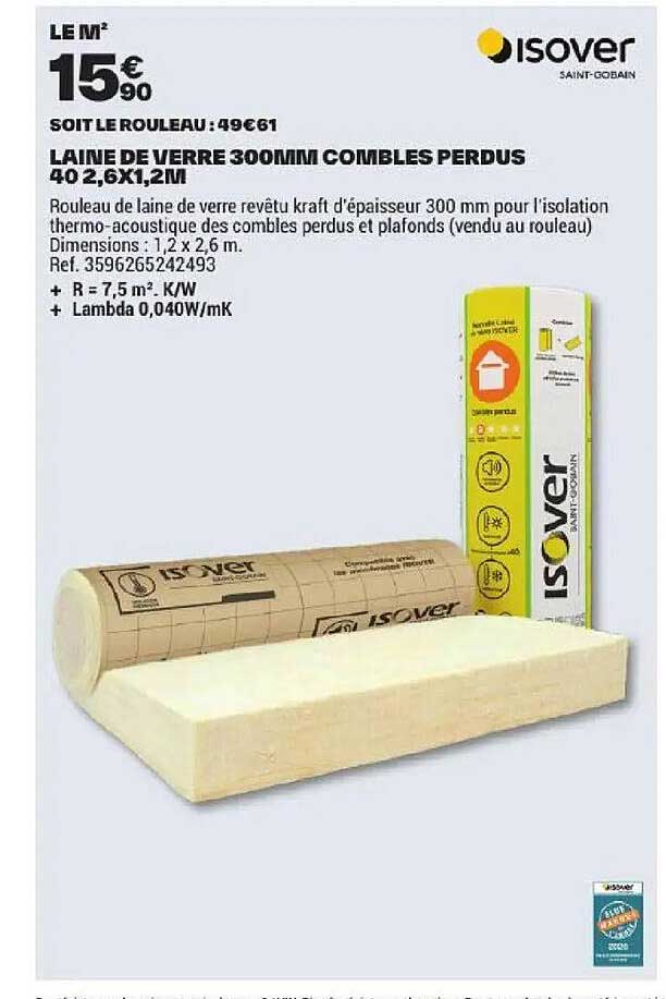 LAINE DE VERRE 300MM COMBLES PERDUS 40 2,6X1,2M