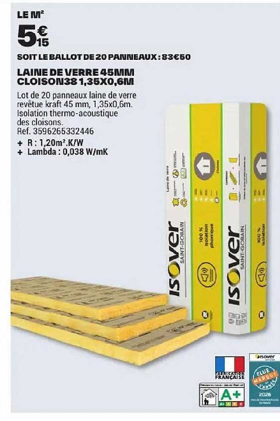 LAINE DE VERRE 45MM CLOISON 1,35X0,6M