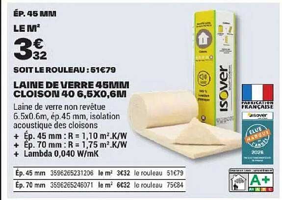 LAINE DE VERRE 45MM CLOISON 40 6,5X0,6M