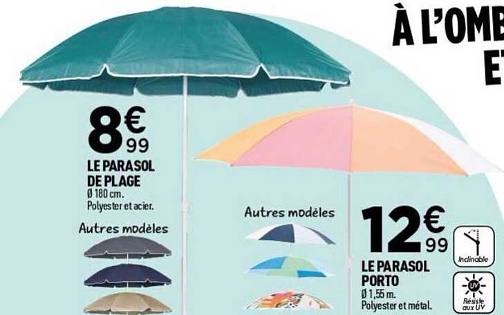 LE PARASOL DE PLAGE Ø 180 cm. Polyester et acier.