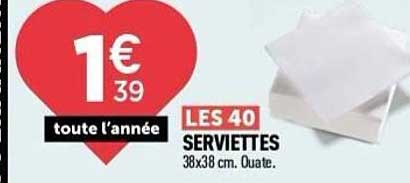 LES 40 SERVIETTES 30x38 cm. Ouate.