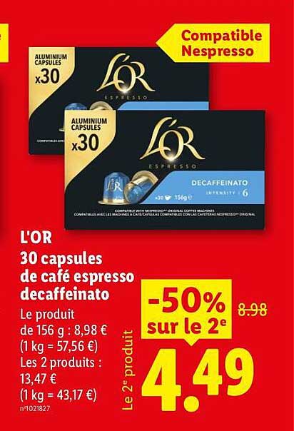 L'OR 30 capsules de café espresso decaffeinato