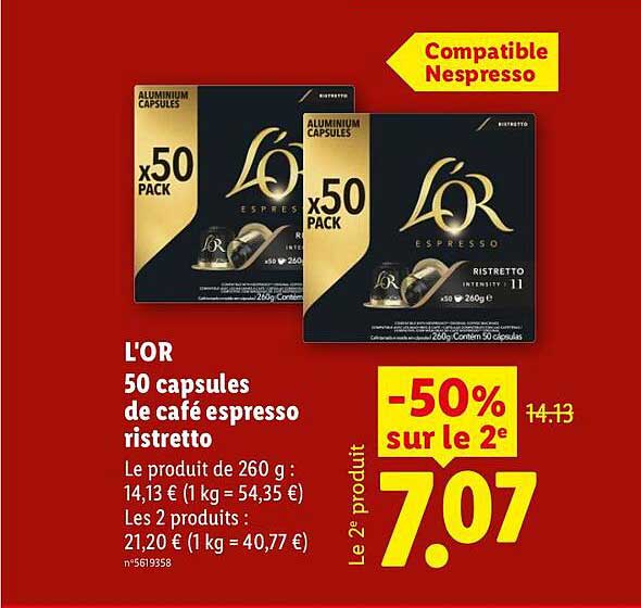 L'OR 50 capsules de café espresso ristretto