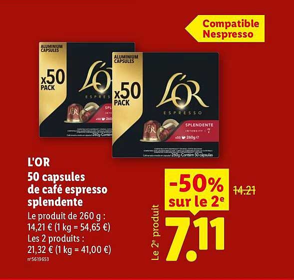L'OR 50 capsules de café espresso splendendente